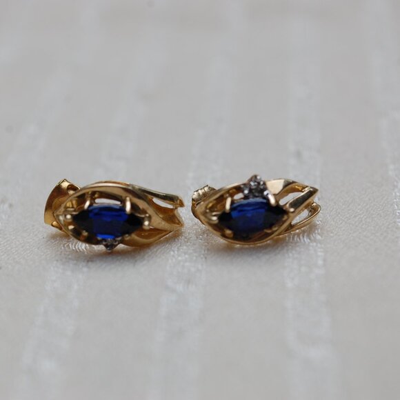 Blue Sapphire and Diamond 10k Gold Earrings - Picture 13 of 15